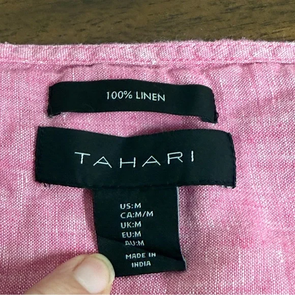 Tahari 100% Linen Pink Split Neck Short Sleeve Top M Summer Lightweight Blouse - Picture 5 of 7